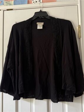Fuzzi Black Lace Trim Flowy Cardigan Shaw With Wide 3/4 Sleeves Size Large